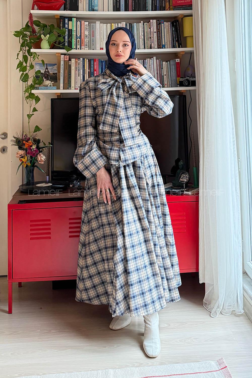 Beige Foulard Neck Long Arm Cotton Flare Suit