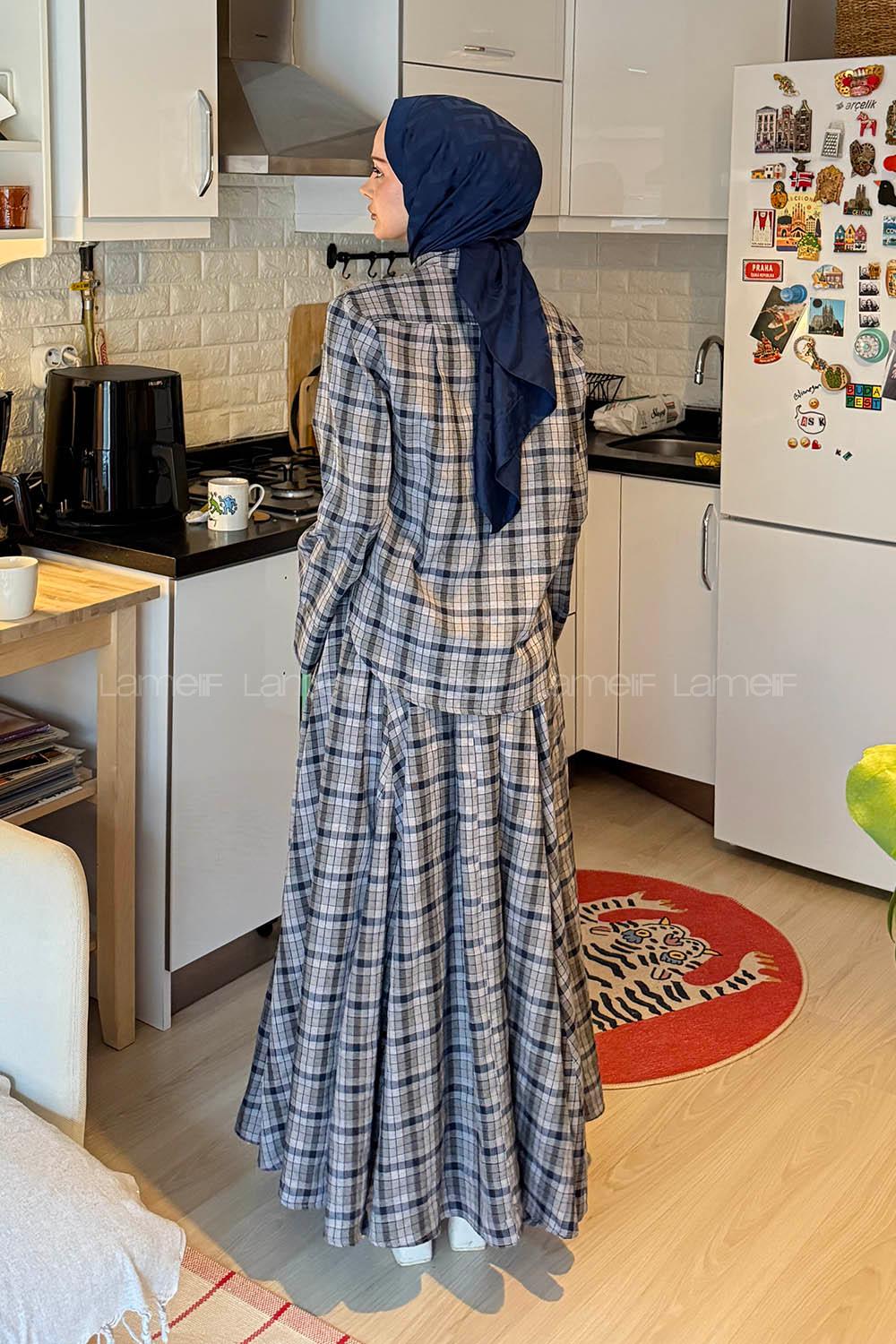 Gray Foulard Neck Long Arm Cotton Flare Suit