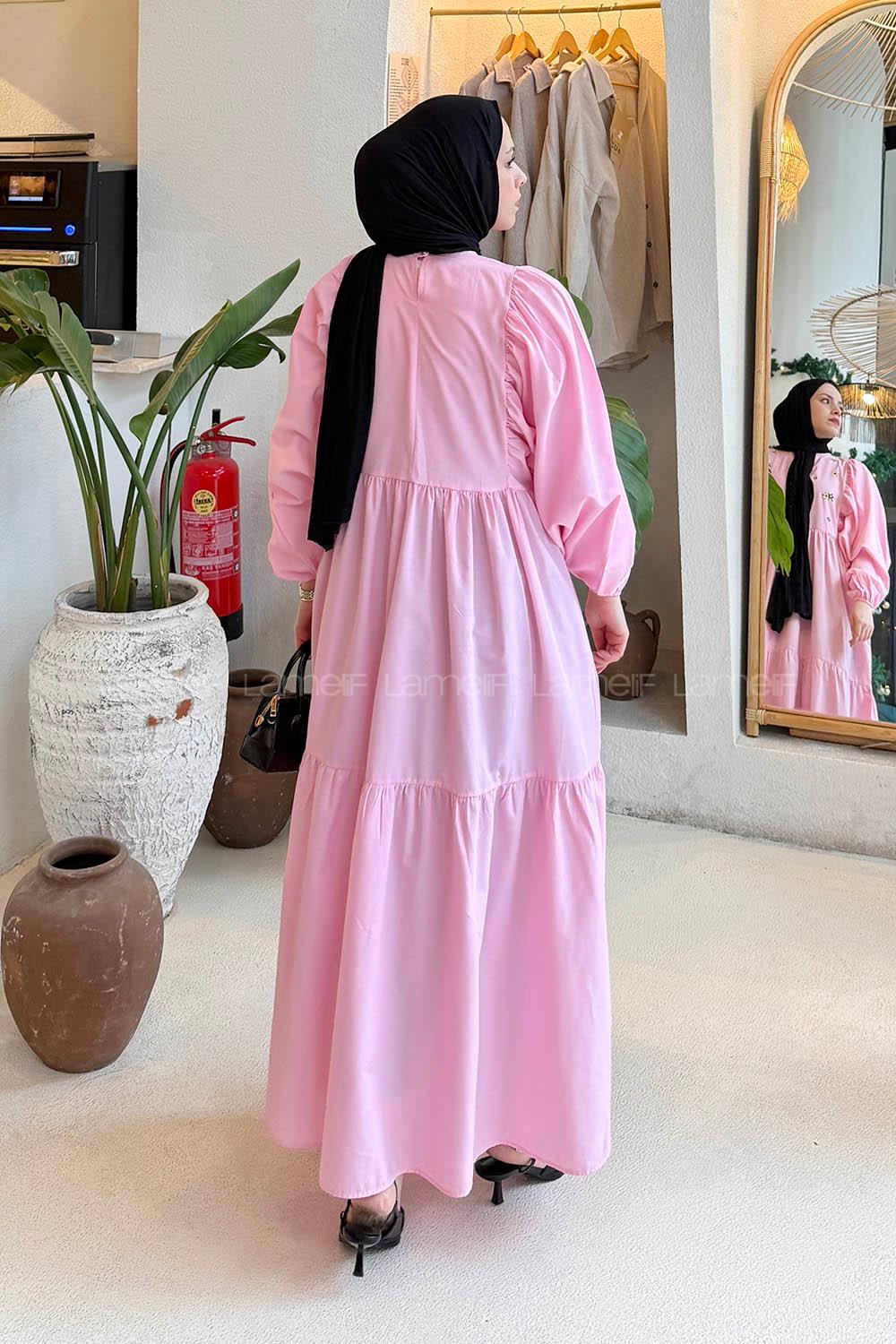 Candy Pink Crew Neck Cotton Printed Dresess