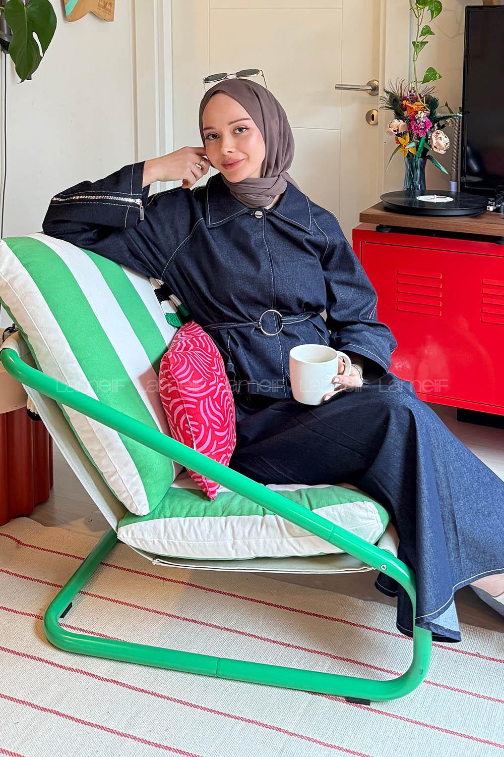 Lamelif Fermuar Detaylı Etekli Takım Kot Mavisi