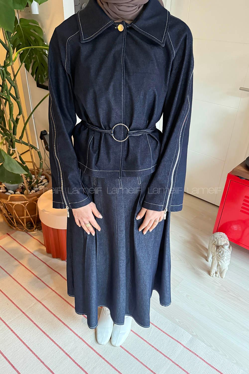 Lamelif Fermuar Detaylı Etekli Takım Kot Mavisi