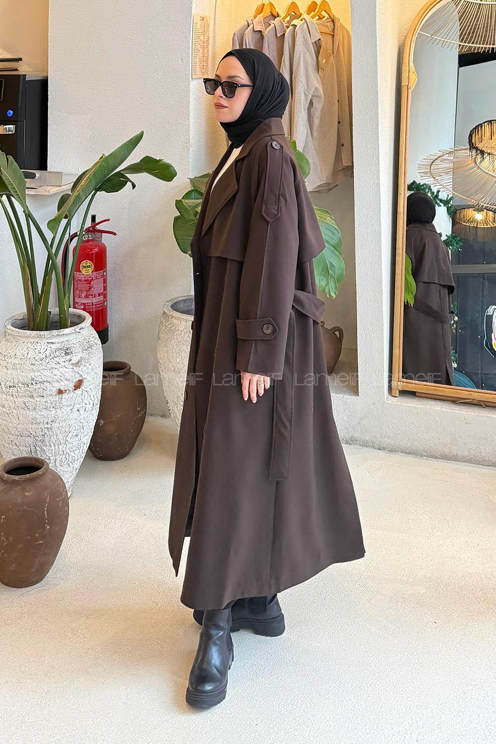 Bitter Brown Long Arm Lycra Polyester Trench Coat