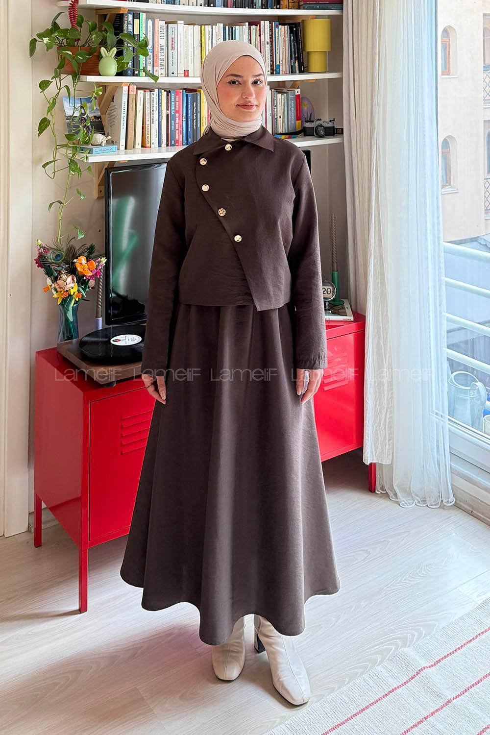 Lamelif Gold Düğme Detaylı Etekli Takım Acı Kahve