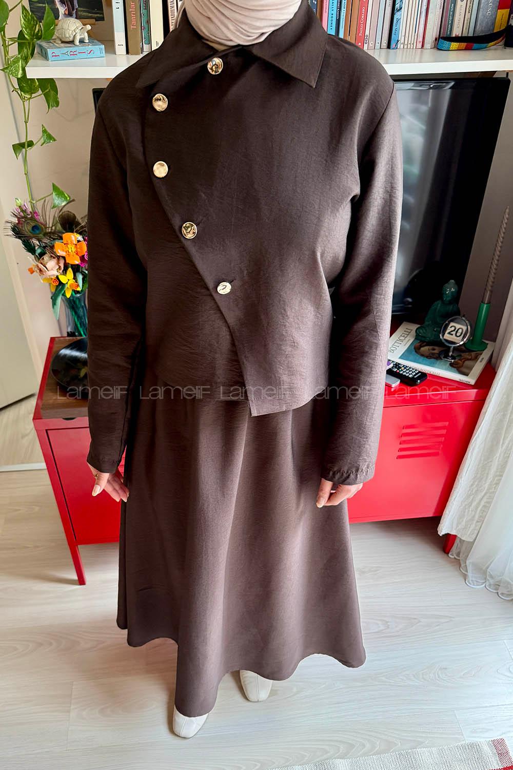 Lamelif Gold Düğme Detaylı Etekli Takım Acı Kahve