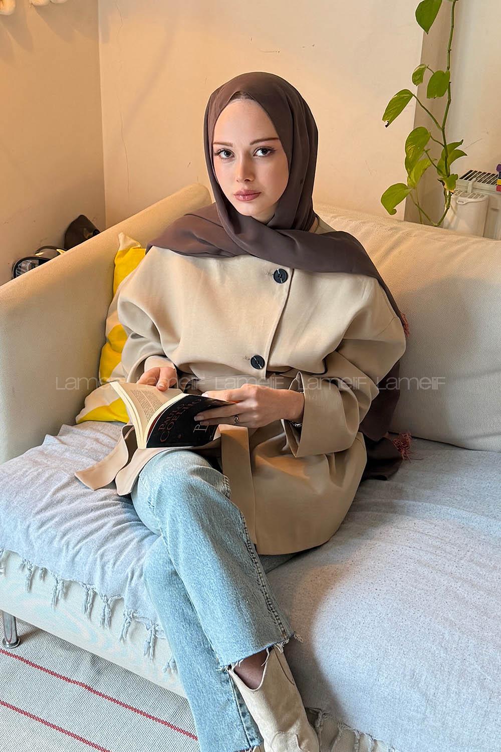 Lamelif Kemerli Ceket Vizonrengi