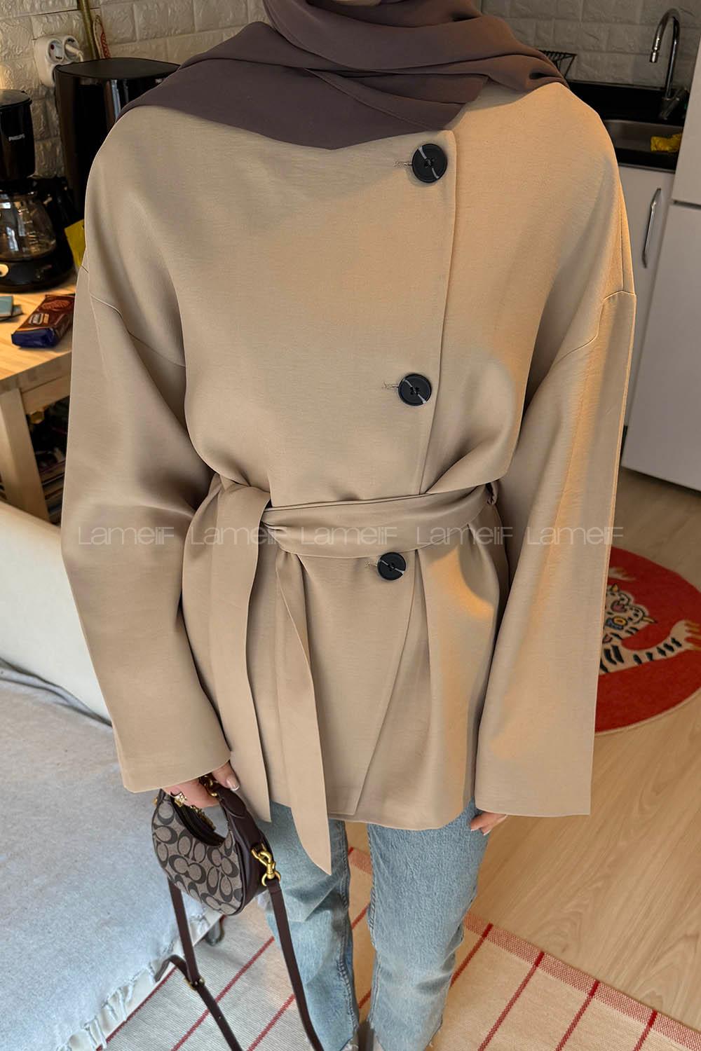 Lamelif Kemerli Ceket Vizonrengi