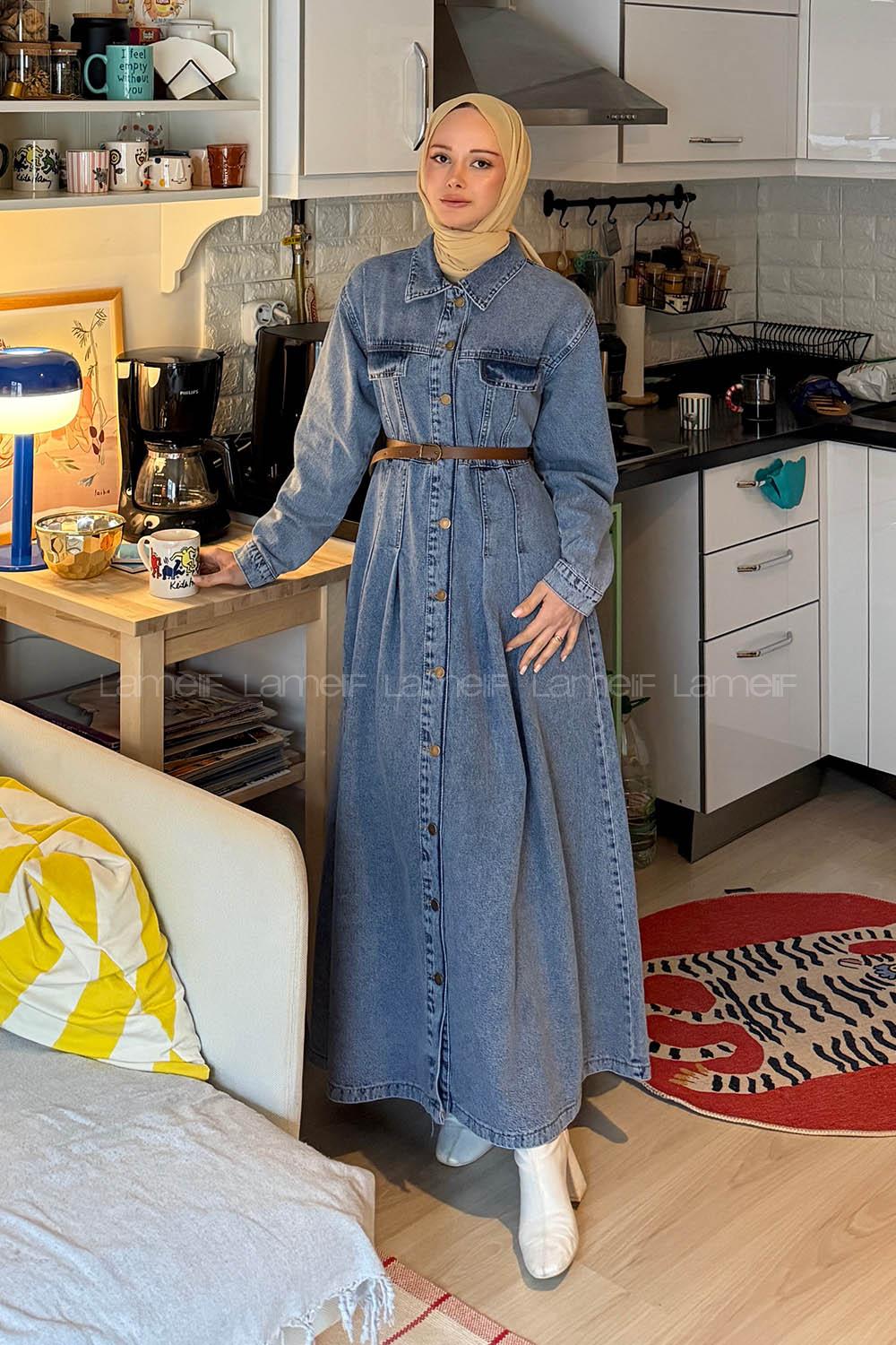 Lamelif Kemerli Kot Elbise Açık Mavi