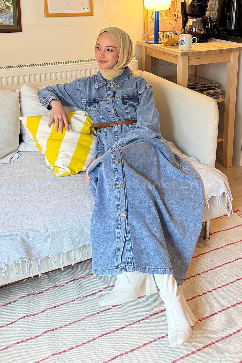 Lamelif Kemerli Kot Elbise Açık Mavi