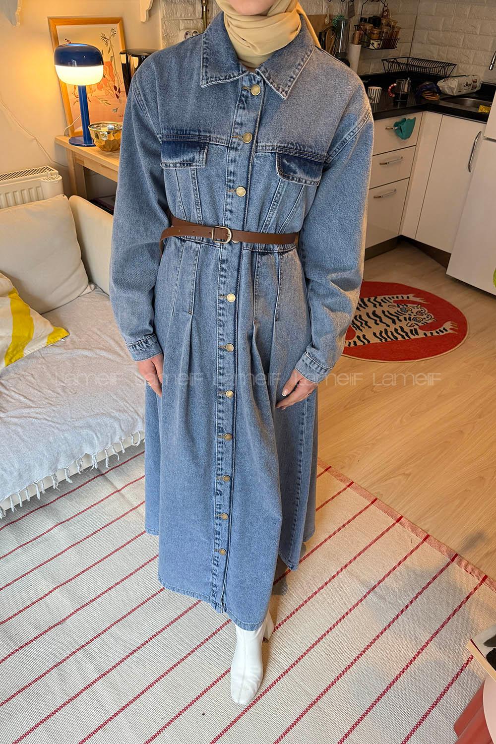 Lamelif Kemerli Kot Elbise Açık Mavi