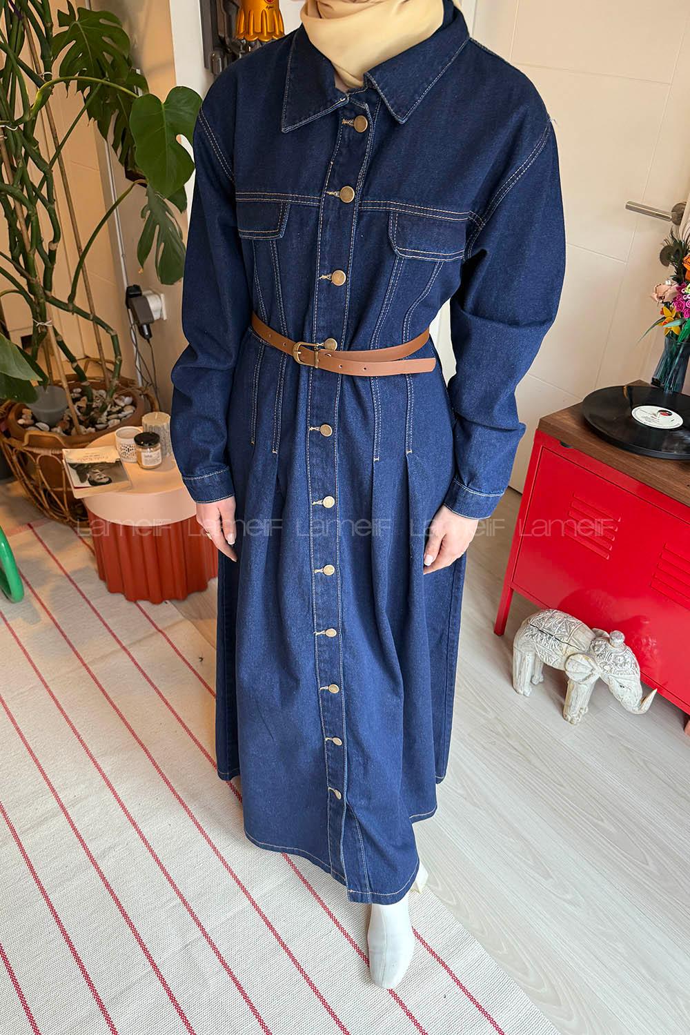 Lamelif Kemerli Kot Elbise Kot Mavisi