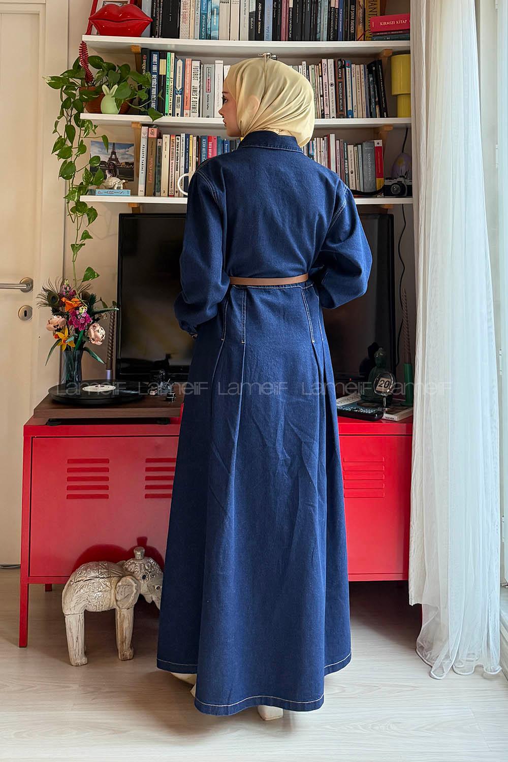 Lamelif Kemerli Kot Elbise Kot Mavisi