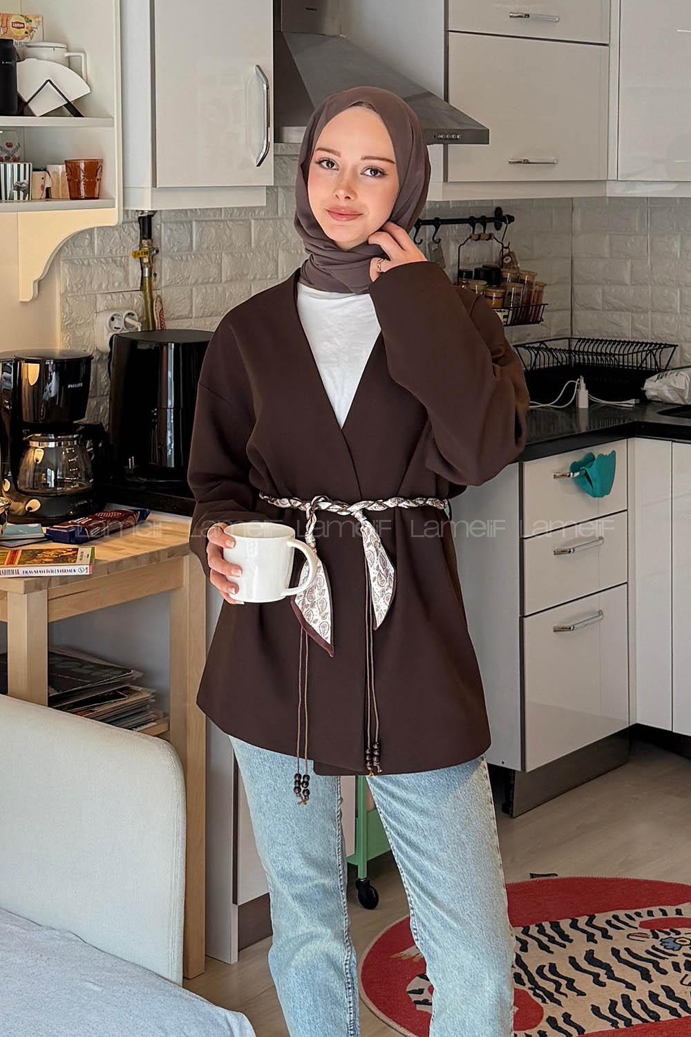 Lamelif Kemerli Tesettür Ceket Kahverengi