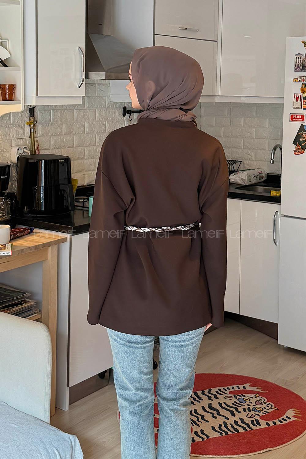 Lamelif Kemerli Tesettür Ceket Kahverengi