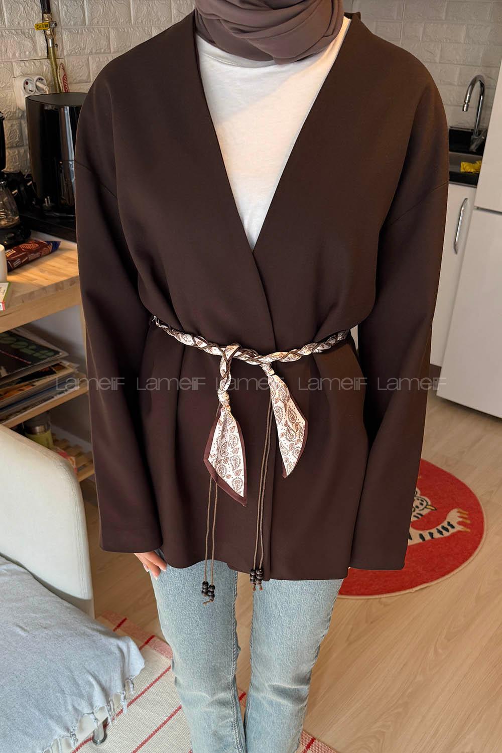 Lamelif Kemerli Tesettür Ceket Kahverengi