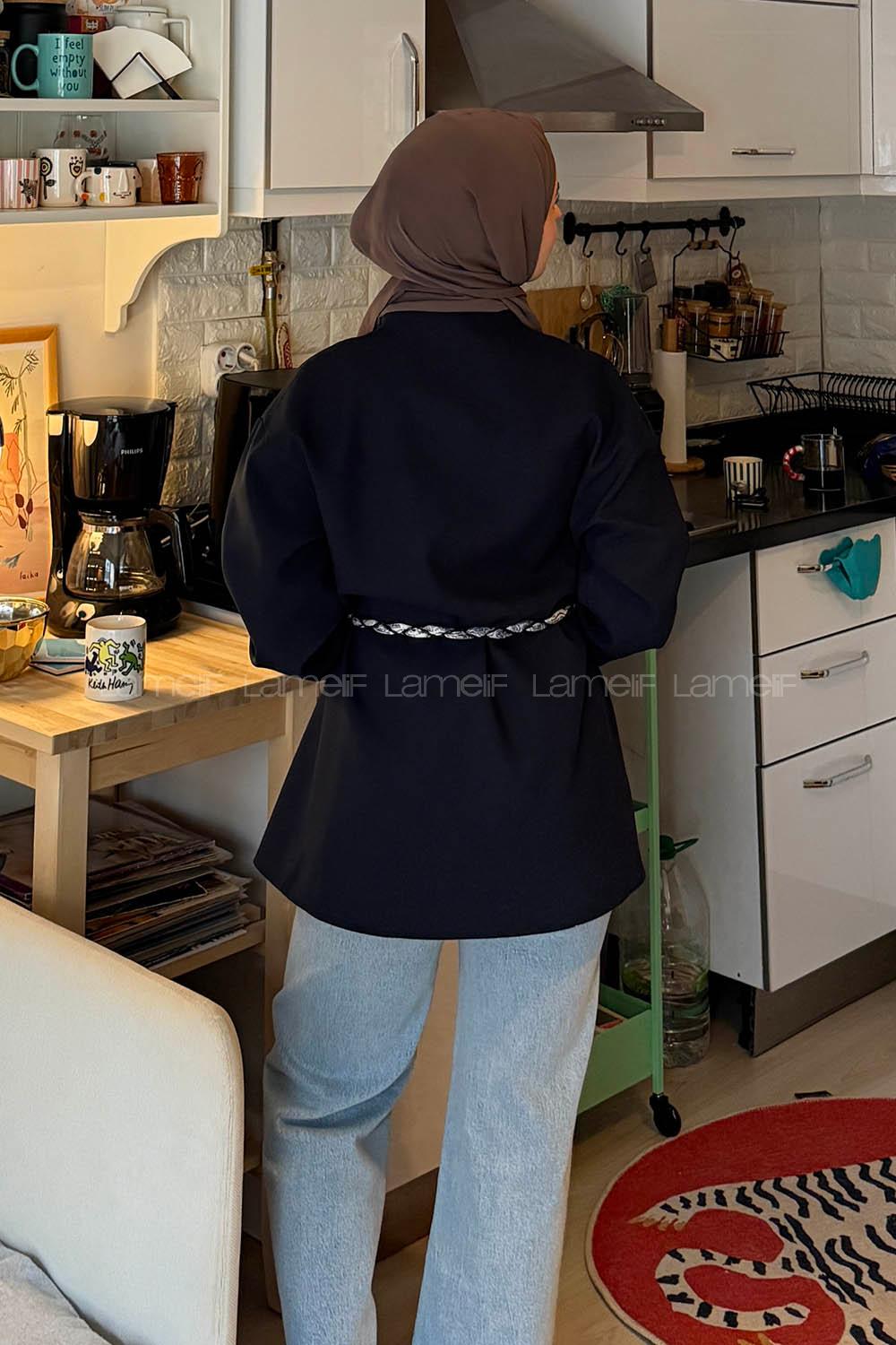 Lamelif Kemerli Tesettür Ceket Lacivert