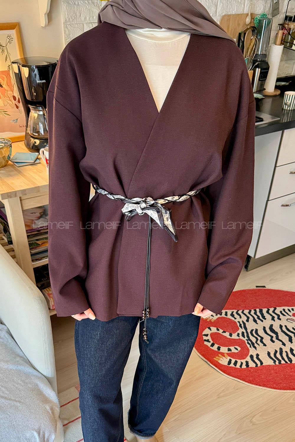 Lamelif Kemerli Tesettür Ceket Mürdüm