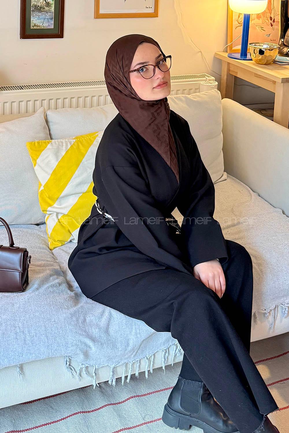 Lamelif Kemerli Tesettür Ceket Siyah