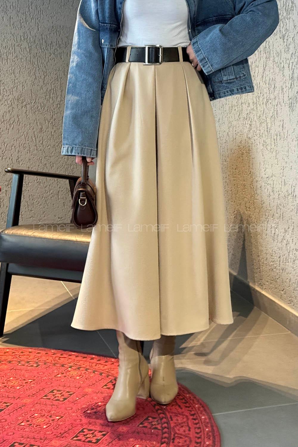 Beige Polyester Flared Skirt Skirt
