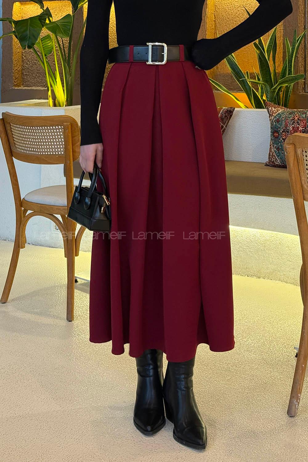 Lamelif Kemerli Tesettür Etek Bordo