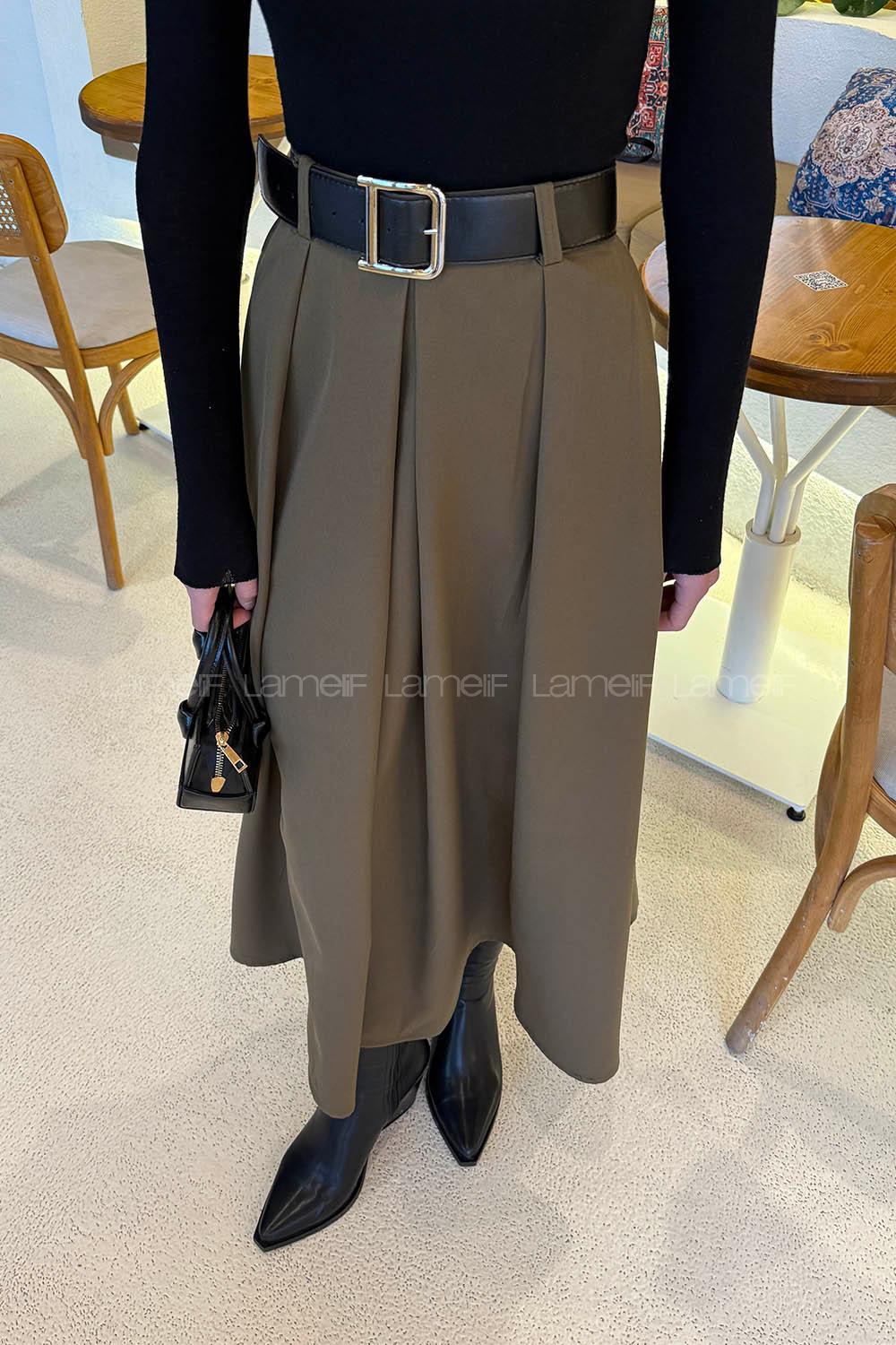 Khaki Polyester Flared Skirt Skirt
