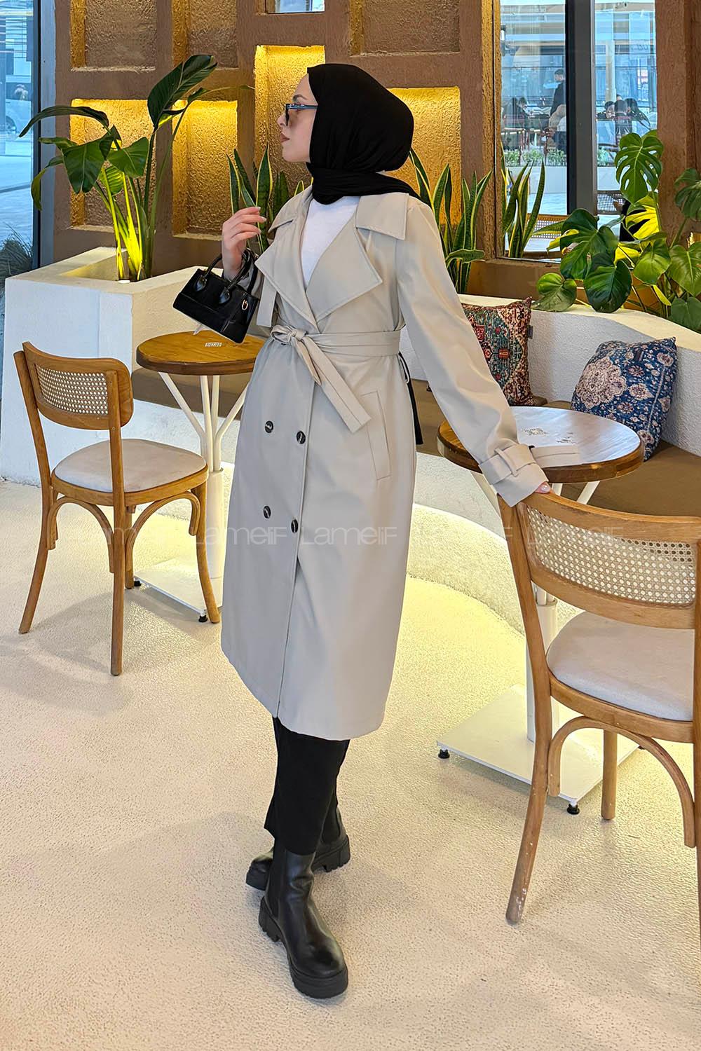 Lamelif Klasik Kuşaklı Trenç Taş