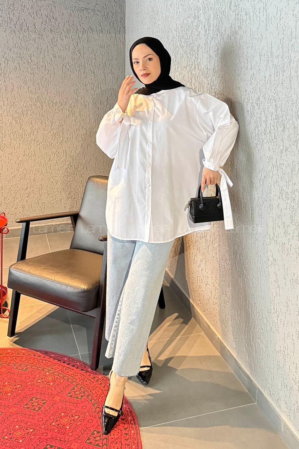 White Shirt Collar Long Arm Cotton Shirt