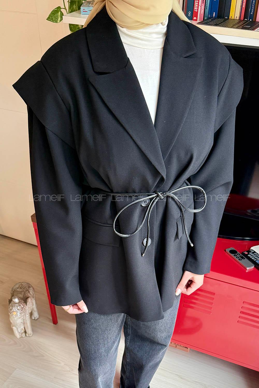 Lamelif Kol Detaylı Oversize Ceket Siyah