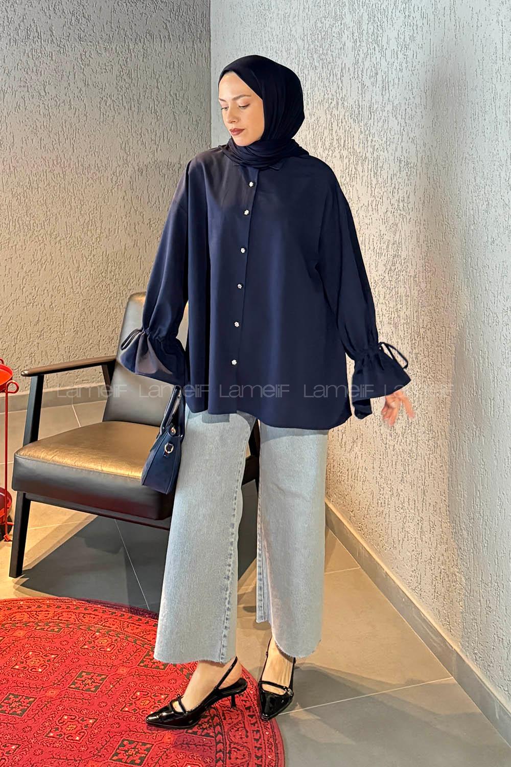 Navy Blue Shirt Collar Long Arm Poplin Fabric Shirt