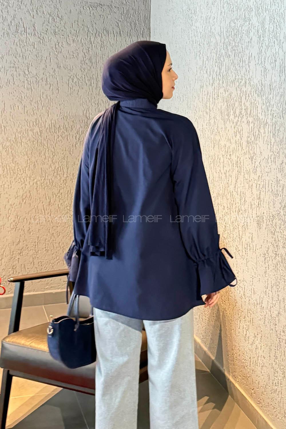 Navy Blue Shirt Collar Long Arm Poplin Fabric Shirt