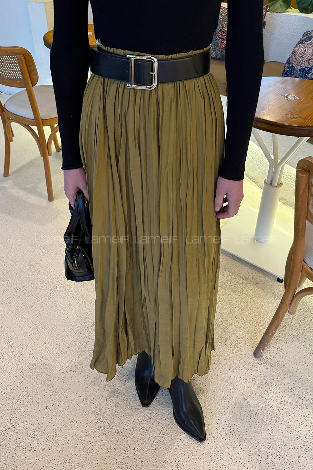 Oil Green Cotton Fabric Flare Skirt