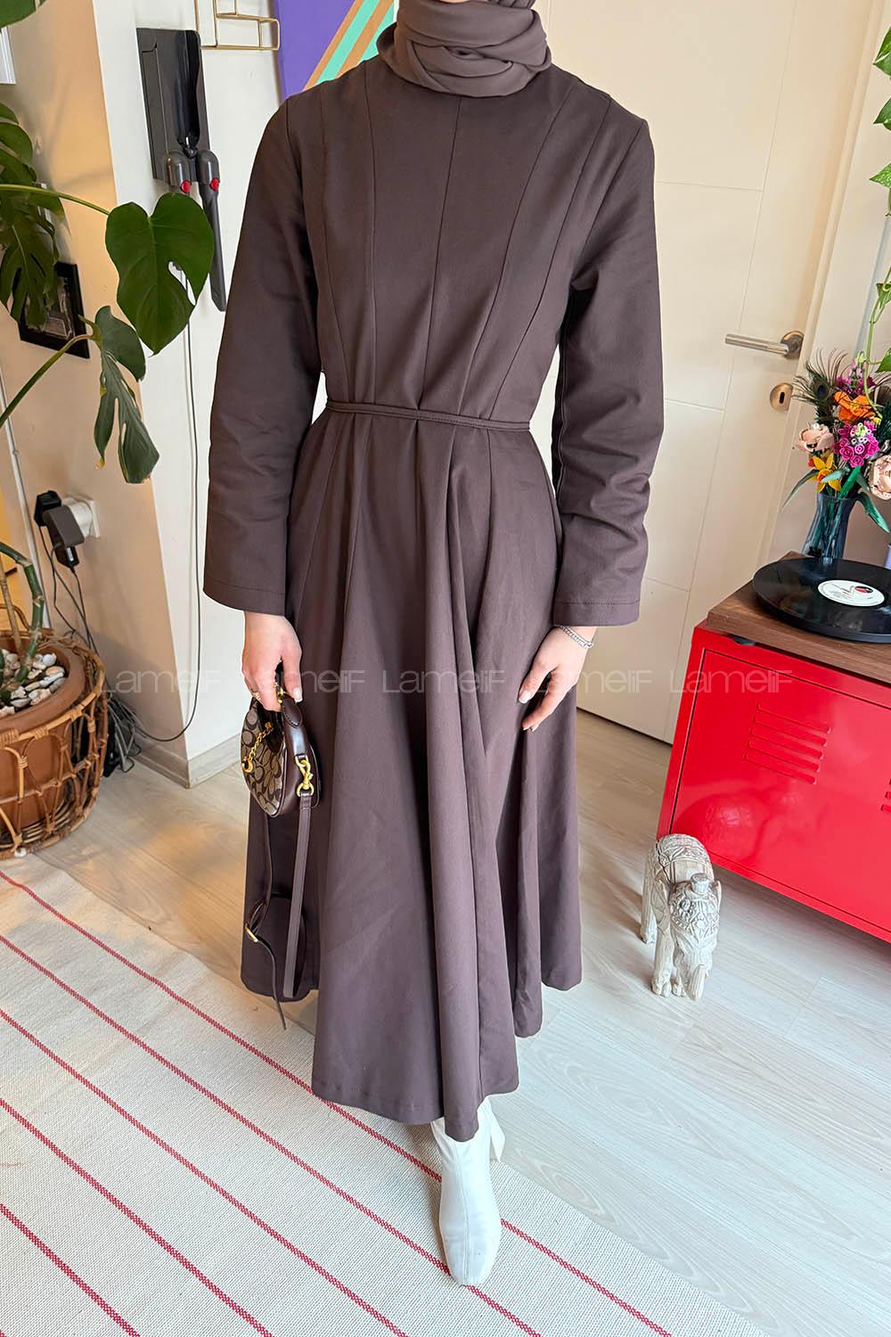 Lamelif Kup Detaylı Tesettür Elbise Acı Kahve