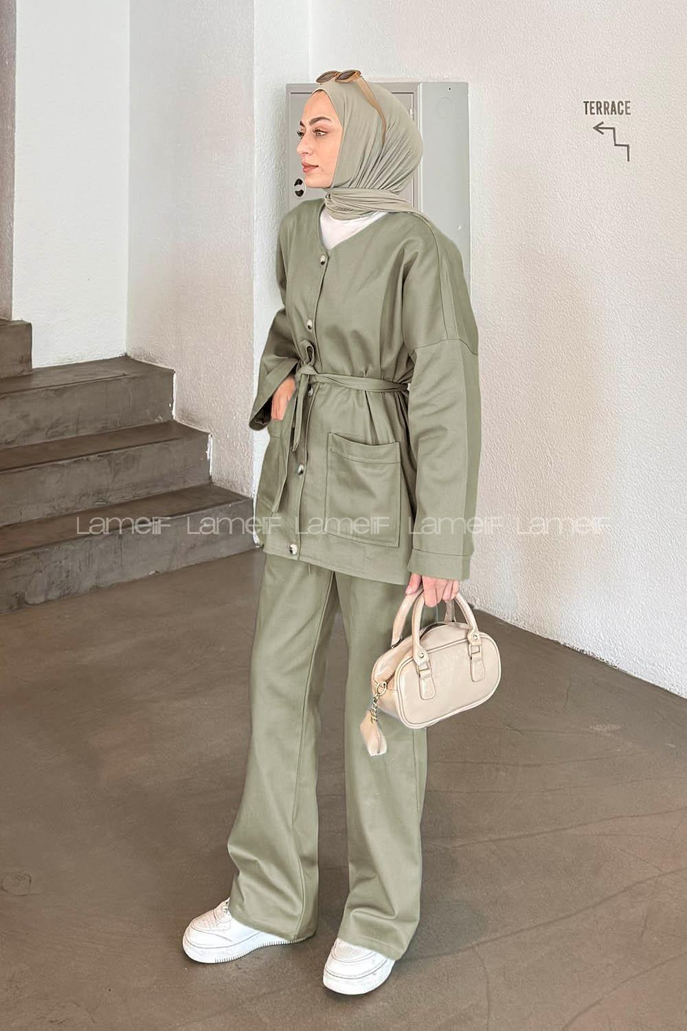 Lamelif Kuşaklı Gabardin Takım Koyu Yeşil
