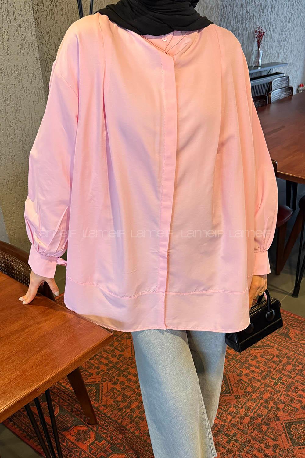 Lamelif Manşeti Biyeli Tunik Pembe