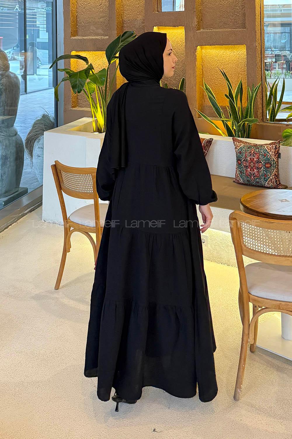 Lamelif Ön Yarım Düğme Detaylı Müslin Kumaş Tesettür Elbise Siyah