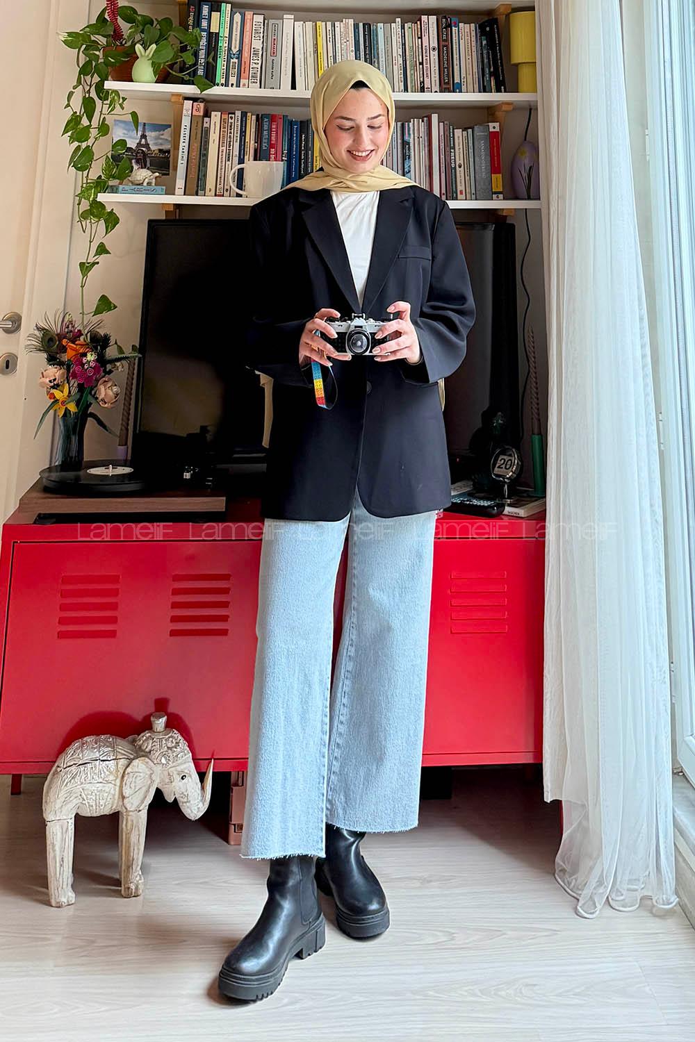 Lamelif Oversize Gizli Cep Ceket Siyah