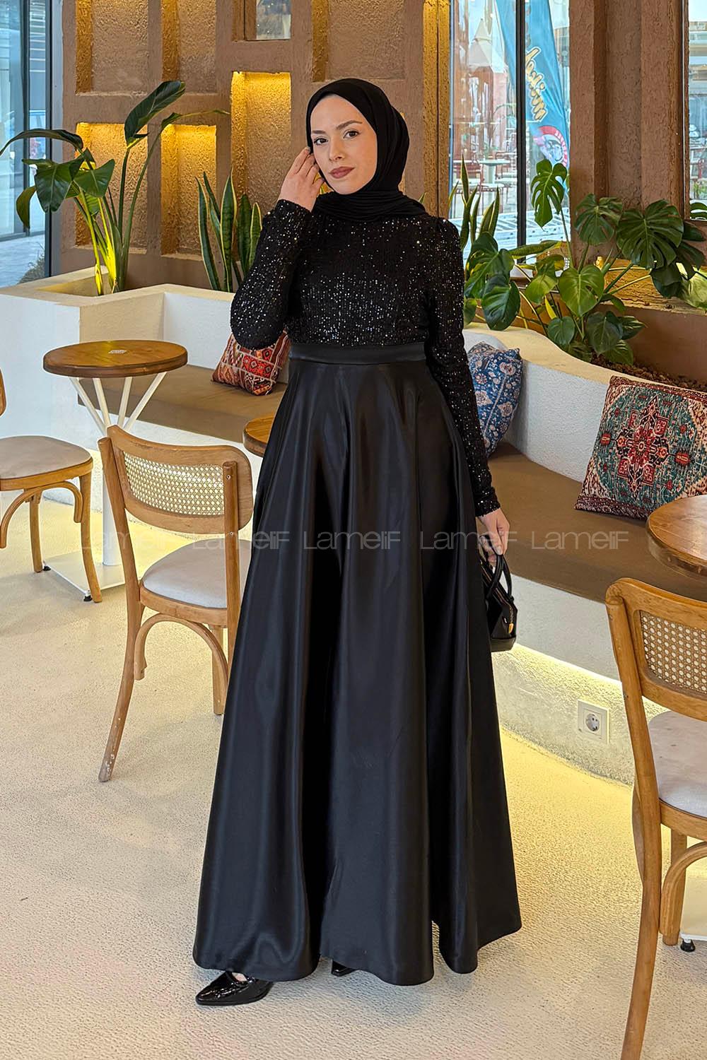 Lamelif Pul Payet Detaylı Elbise Siyah