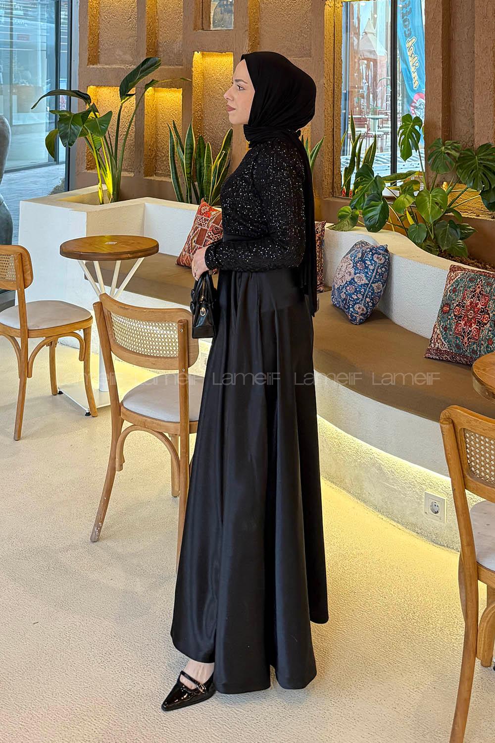 Lamelif Pul Payet Detaylı Elbise Siyah