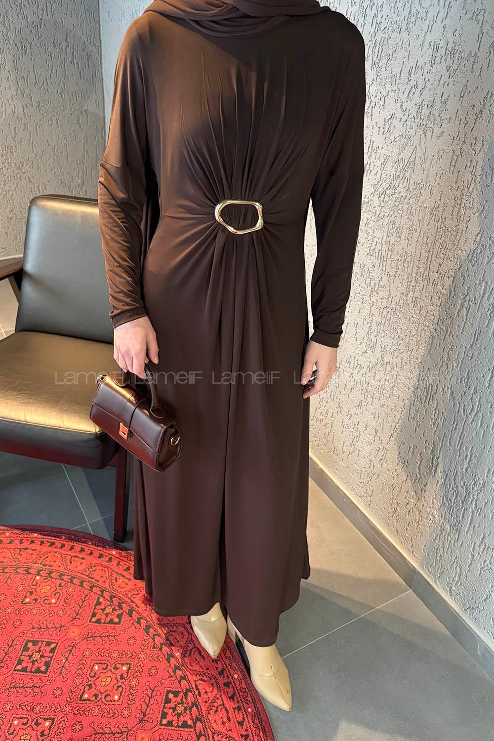 Lamelif Sandy Toka Detaylı Elbise Acı Kahve