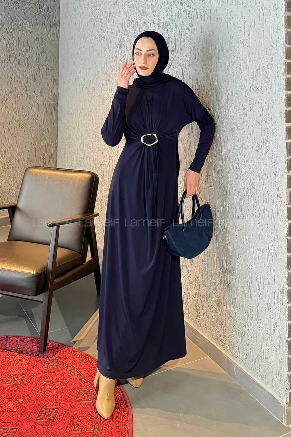 Lamelif Sandy Toka Detaylı Elbise Lacivert