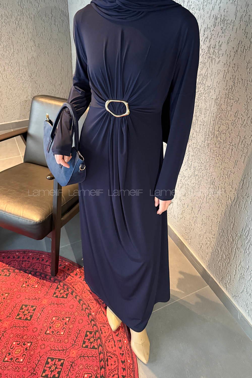 Lamelif Sandy Toka Detaylı Elbise Lacivert