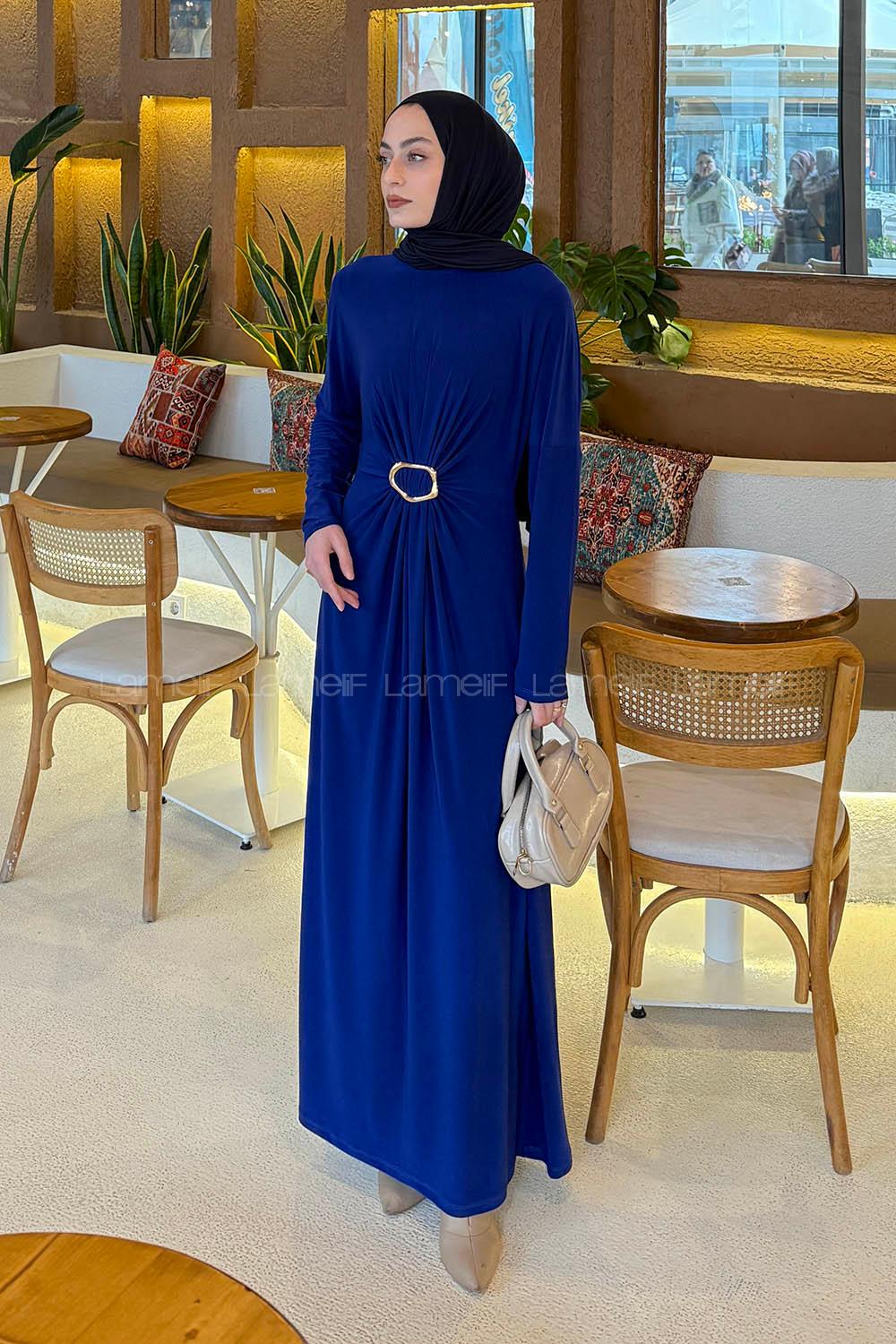 Lamelif Sandy Toka Detaylı Elbise Saks Mavisi