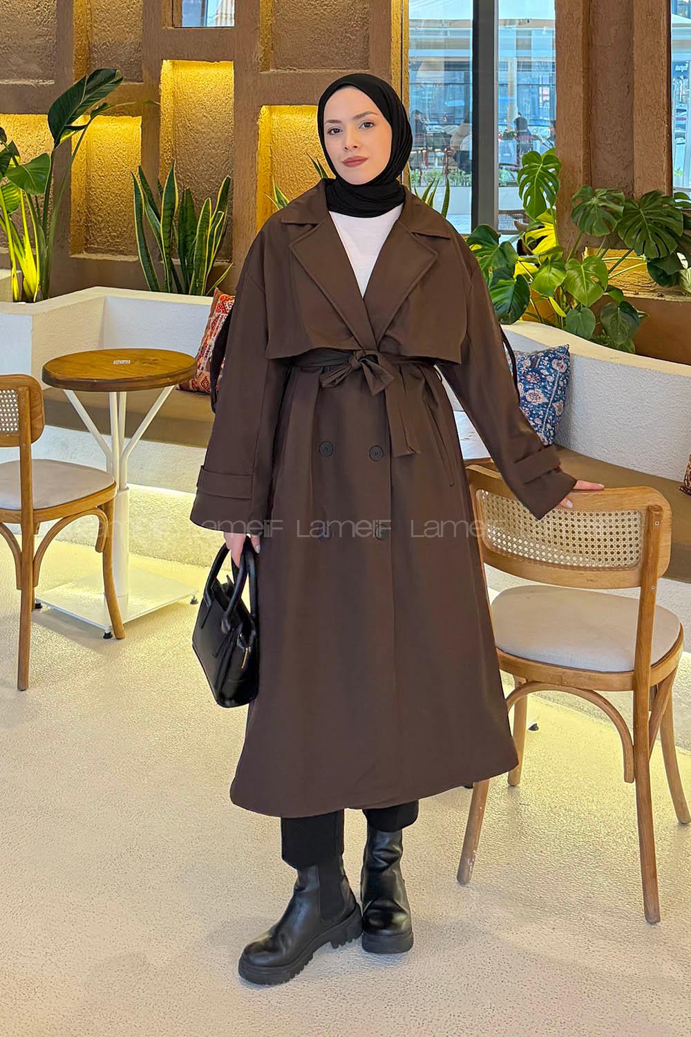 Lamelif Uzun Apoletli Oversize Trenç Kahverengi