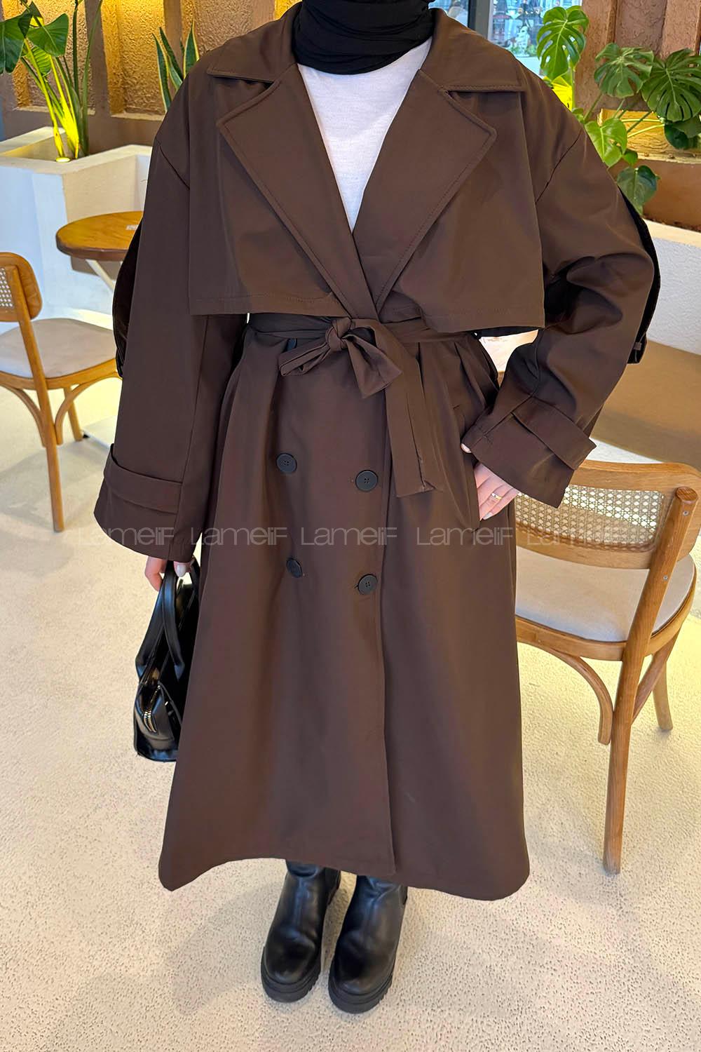 Lamelif Uzun Apoletli Oversize Trenç Kahverengi