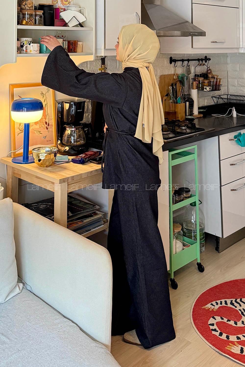 Lamelif Yarasa Kol Pantolonlu Takım Füme