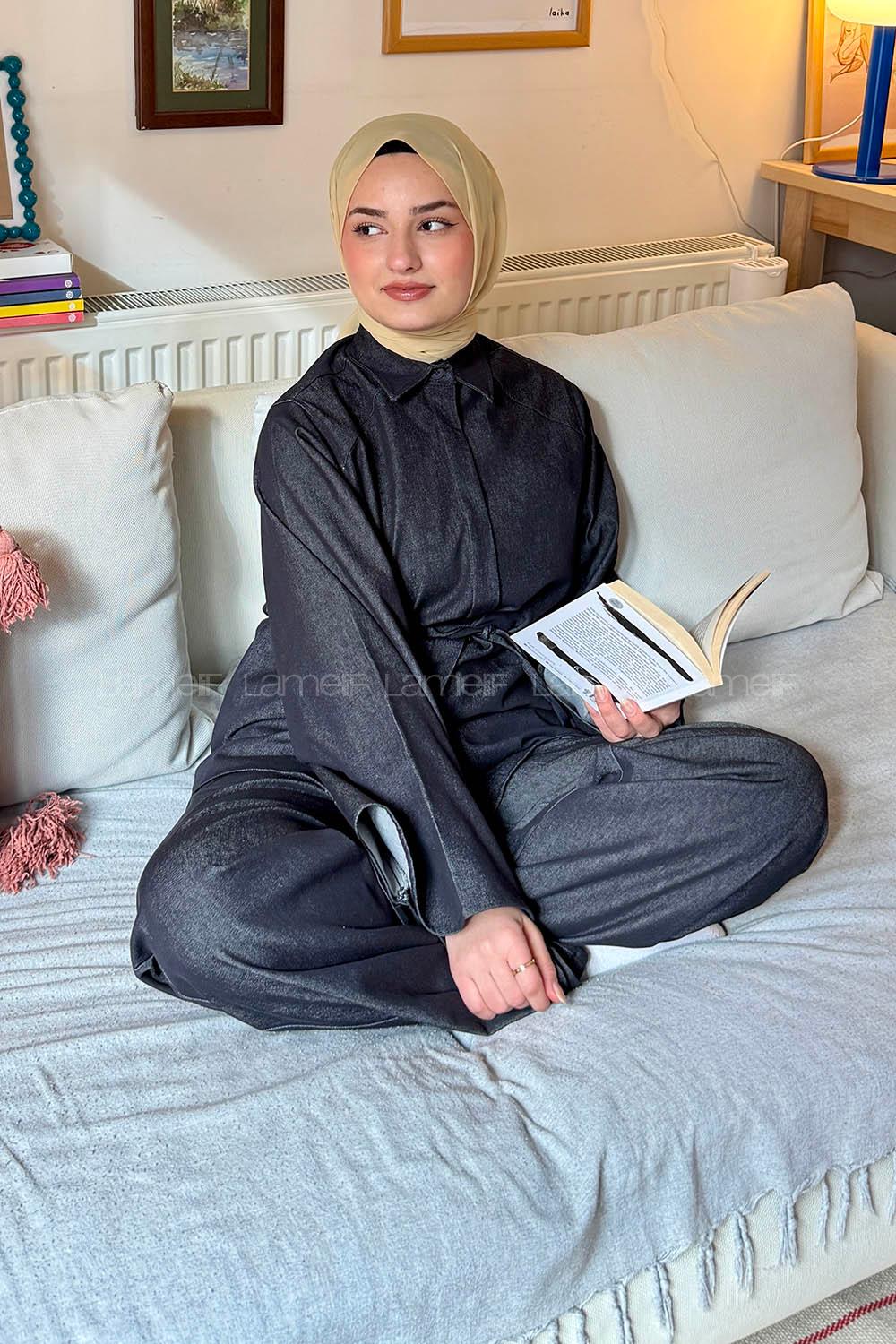 Lamelif Yarasa Kol Pantolonlu Takım Füme