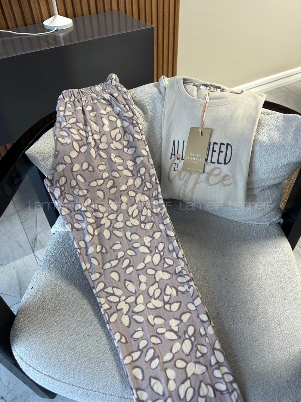 Lamelif Fun Times All I Need Is Coffee Nakışlı Termal Pijama Takımı