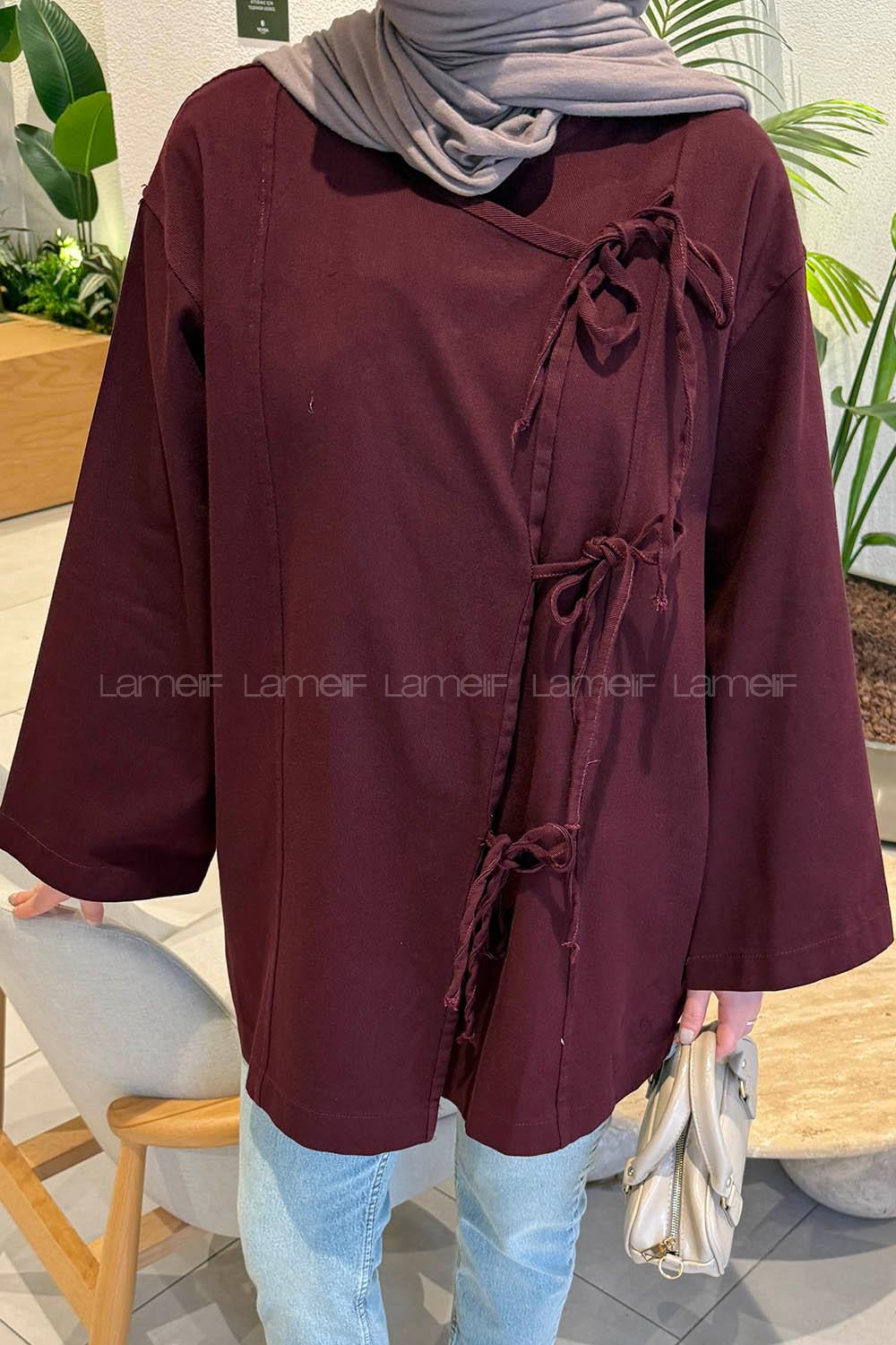 Lamelif Bağlama Detaylı Kimono Mürdüm