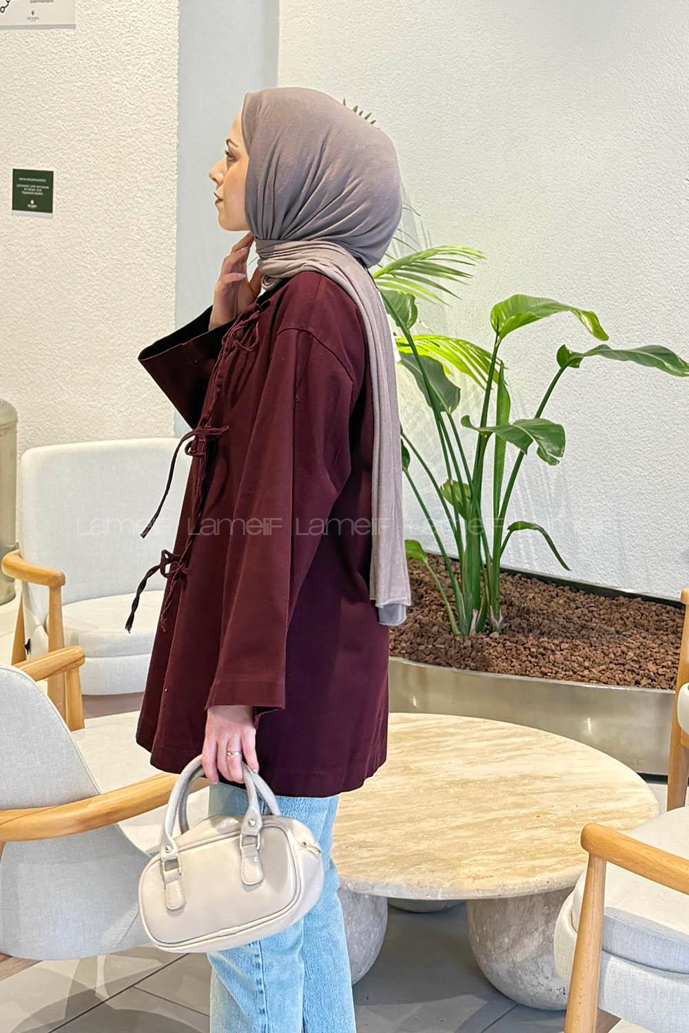 Lamelif Bağlama Detaylı Kimono Mürdüm