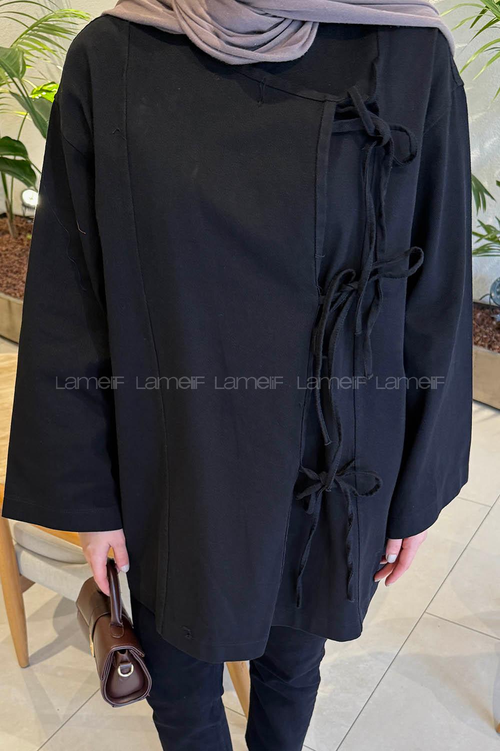 Lamelif Bağlama Detaylı Kimono Siyah