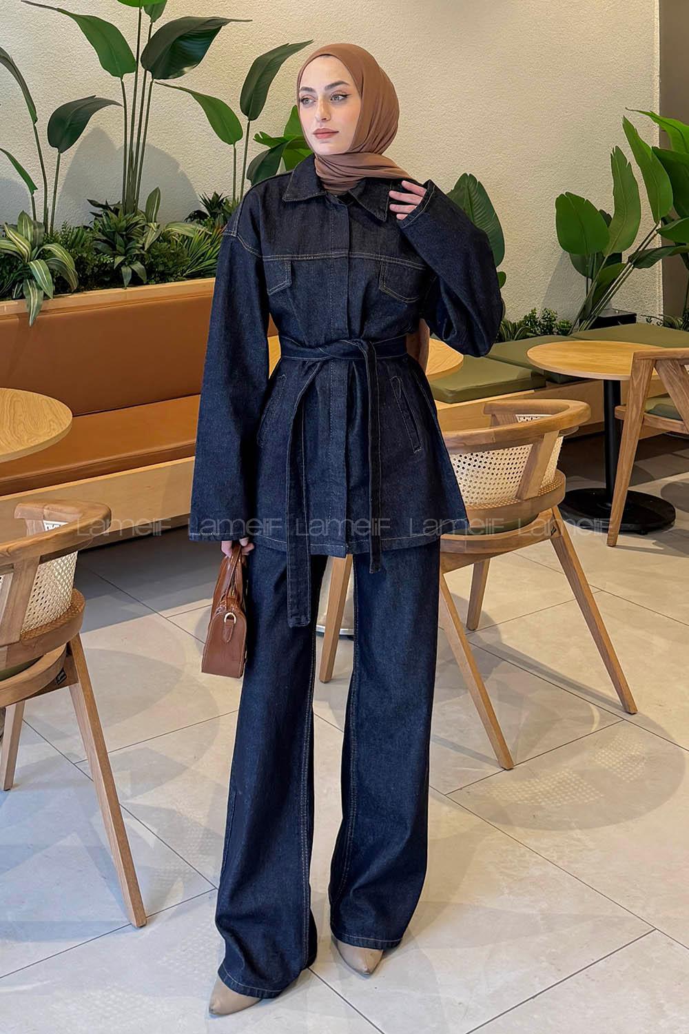 Dark Blue Shirt Collar Long Arm Denim Regular Trousers Denim Suit